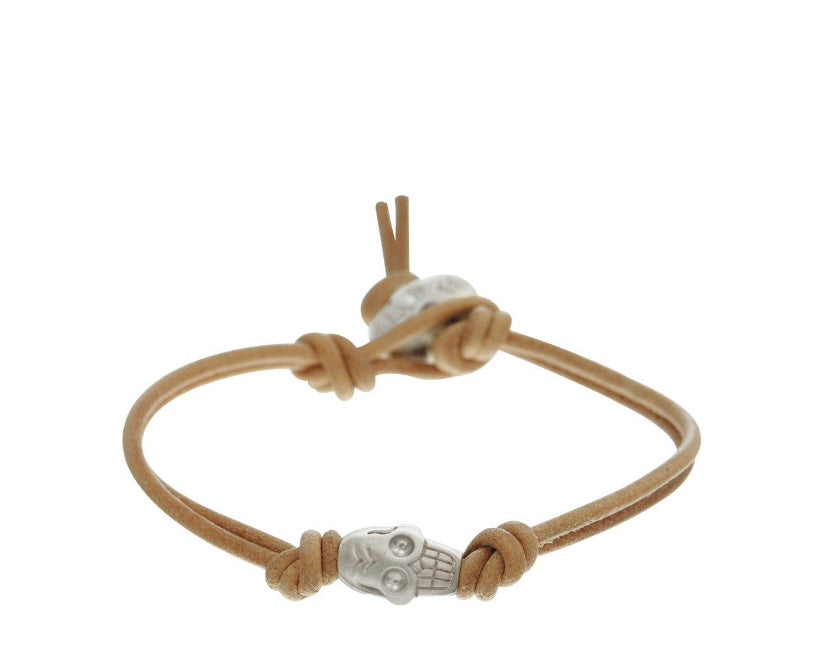 Sterling Silver Single Large Skull Bracelet on Natural Leather Cord with Skull Button Closure
