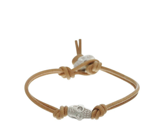 Sterling Silver Single Large Skull Bracelet on Natural Leather Cord with Skull Button Closure